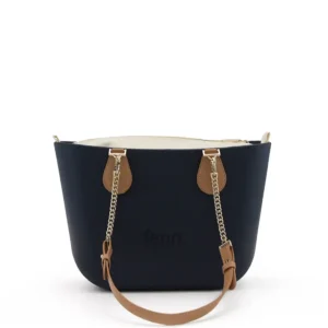 PETITE COLLECTION – NAVY – beige inner – gold zip – light tan - gold chain handle