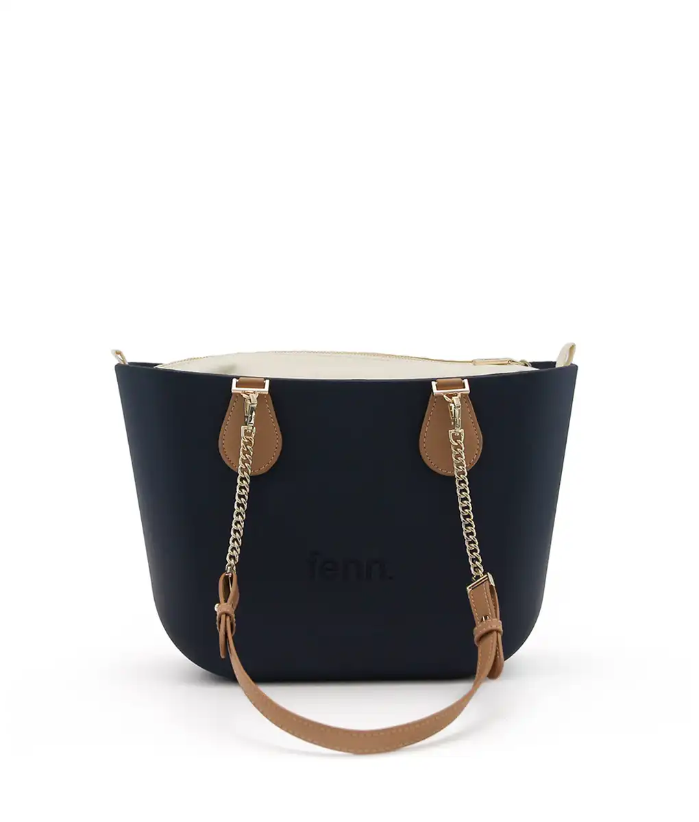PETITE COLLECTION – NAVY – beige inner – gold zip – light tan - gold chain handle